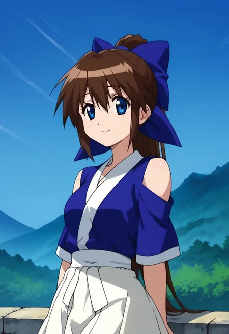 score_9, score_8_up, score_7_up, source_anime, highly detailed,
suzuaira, 1girl, solo, brown hair, long hair, ponytail, blue eyes, bow, hair bow, blue bow, japanese clothes, shirt, blue shirt, short sleeves, bare shoulders skirt, white skirt,
outdoor, island, palms, sky, upper body, smile,