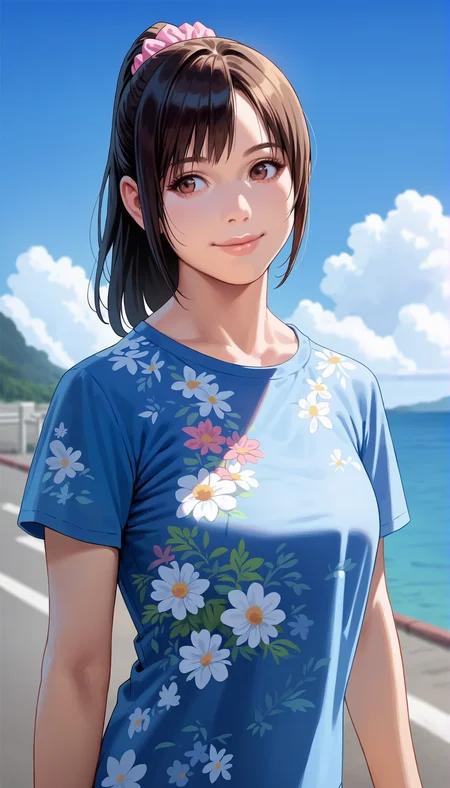 score_9,score_8_up,score_7_up,
<lora:miiyamotoHikari:0.7>,miiyamotohikari,
1girl,solo,vignetting,blurry background,black hair,ponytail,bangs,pink scrunchie,brown eyes,blue t-shirt,floral print,tight clothing,looking to the side,smile,happy,lips,upper body,
outdoors,blue sky,sea,cloud,street,railings,distant large bridge,distant mountains,clear blue sky,soft clouds drifting,summer,beautiful landscape,vignetting,blurry background,