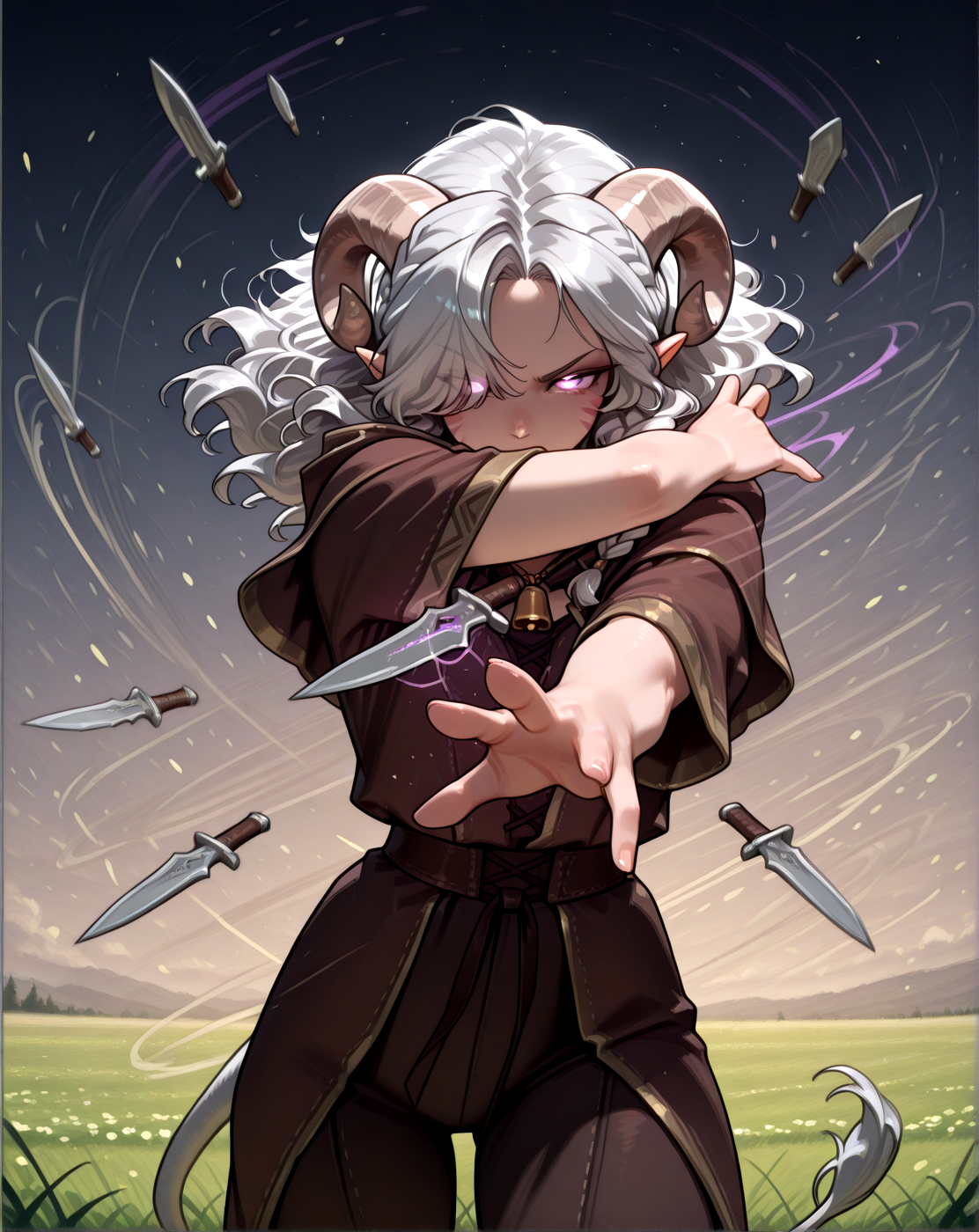<lora:daggerCloud:1.8>dagger_cloud_(magic), solo, floating dagger,   magic dagger,  dynamic pose, many dagger,   magic, glowing,  spinning dagger, cowboy shot, glowing eyes:0.2 , looking looking at viewer , upside-down, floating  , close up  
meadow ,, masterpiece, best quality,  tiefling, pointy ears, tiefling, silver hair, ivory sheep horn,
<lora:Tiefling_bard_Diana_v2:0.9> red whisker_markings, silver long wavy hair, bell necklace, short pointy ears, purple eyes, tiefling_bard_diana:1.2,   hair over one eye, braid,  
cow tail:1.4,