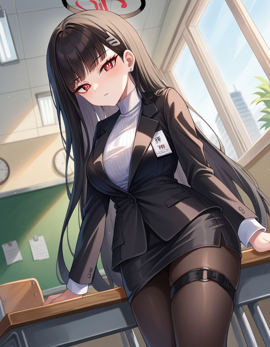 score_9, score_8_up, score_7_up, source_anime,
riotsukatsuki, <lora:rio-tsukatsuki-ponyxl-lora-nochekaiser:1>,
rio, black hair, red eyes, hair ornament, hairclip, halo, long hair,
black footwear, black jacket, black pantyhose, black skirt, buttoned cuffs, high heels, jacket, long sleeves, office lady, pantyhose, ribbed sweater, skirt, sweater, thigh strap, turtleneck, turtleneck sweater, white sweater,
indoors, classroom,
looking at viewer, dutch angle, cowboy shot,