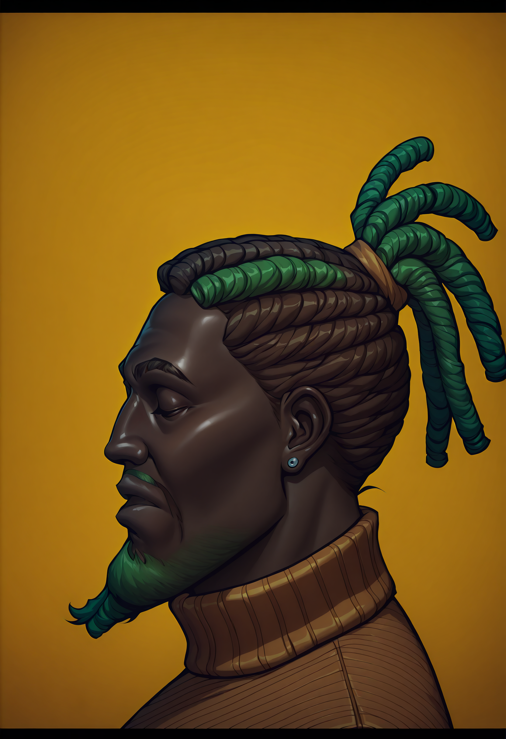 (masterpiece, best quality, highres, 8k, extremely detailed, absurdres), hrstlxks style, solo, simple background, brown hair, 1boy, jewelry, closed eyes, male focus, earrings, green hair, dark skin, from side, profile, turtleneck, facial hair, dark-skinned male, letterboxed, portrait, yellow background, beard, very dark skin, dreadlocks <lora:Heartsteel_PARANOIA_Illustrious_XL:1>