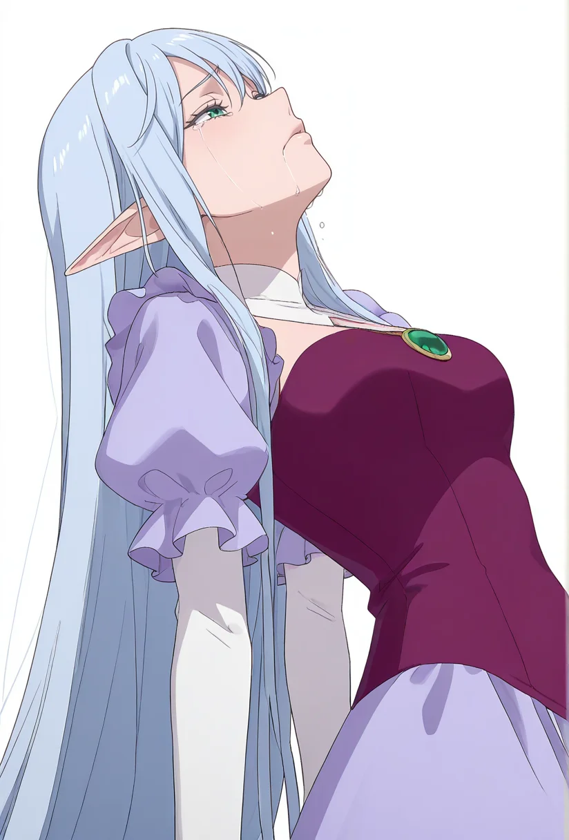 Smooth Quality,masterpiece,very intricate, high quality details, ultra realistic, high detailed skin,detailed enviorement,absurdres,
simple background, white background,
leaning back,sobbing,
<lora:El-Ru_Sarion_Elmesia_cnn:0.8>elmesiacnn,1girl, green eyes, pointy ears, blue hair, very long hair,
purple dress,white gloves, elbow gloves,