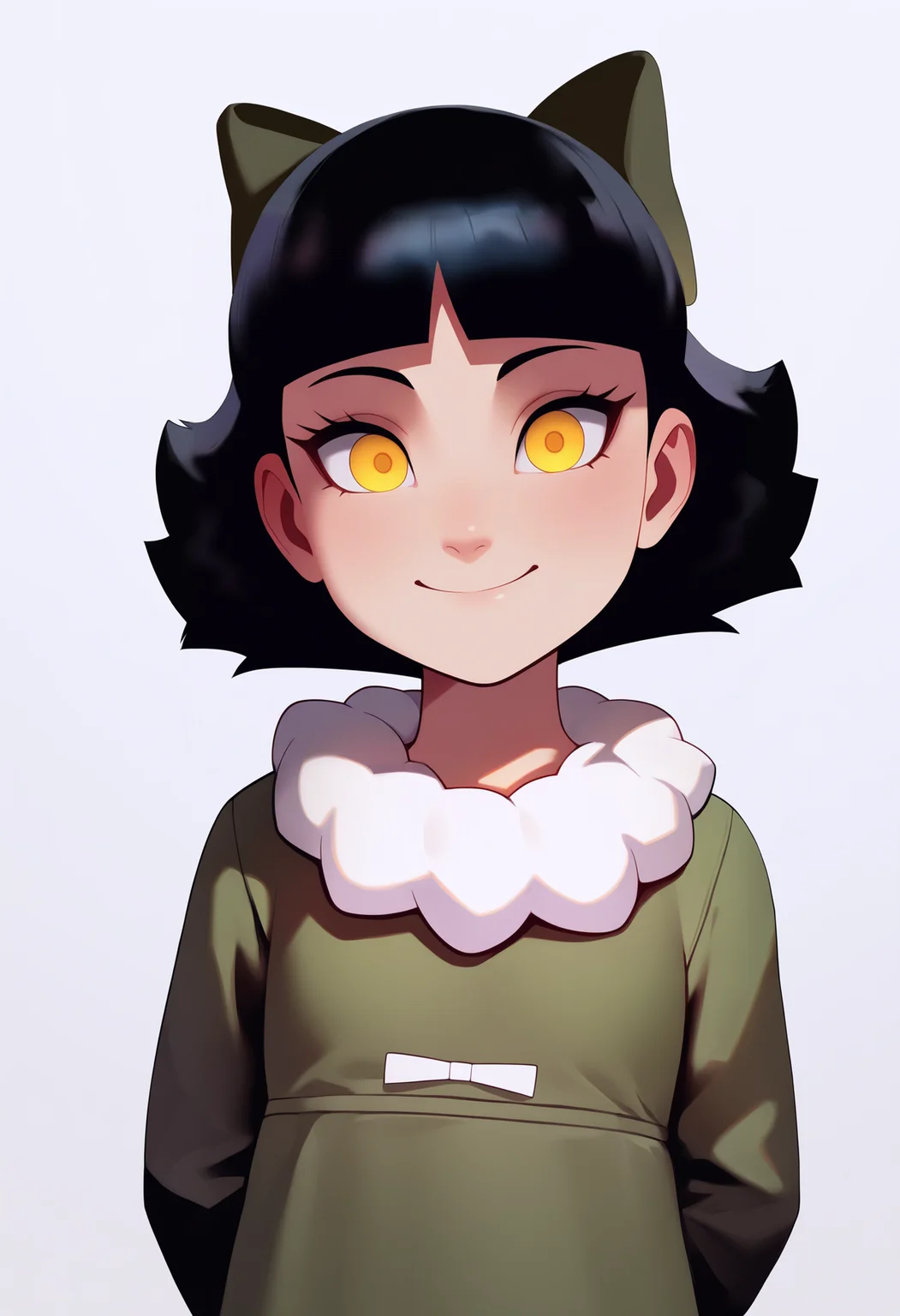 masterpiece, best quality, very aesthetic, absurdres,
1girl, oliviamann, black hair, bangs, short hair, yellow eyes, hair bow, green dress, long sleeves, pantyhose,
hands behind back, smile, upper body, looking at viewer, solo, simple background, white background <lora:OliviaMannNoobXL_byKonan:1>