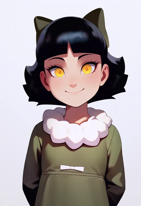 masterpiece, best quality, very aesthetic, absurdres,
1girl, oliviamann, black hair, bangs, short hair, yellow eyes, hair bow, green dress, long sleeves, pantyhose,
hands behind back, smile, upper body, looking at viewer, solo, simple background, white background  <lora:OliviaMannNoobXL_byKonan:1>