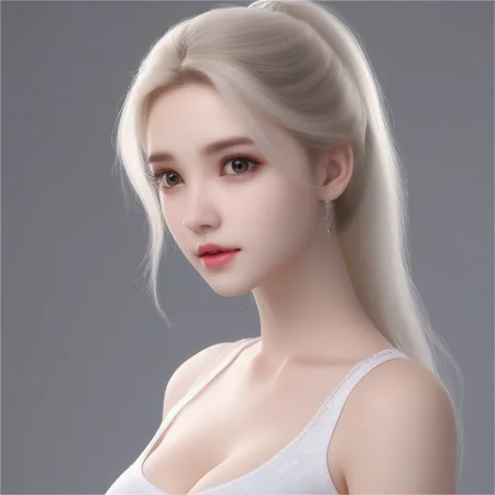 score_9, score_8_up, score_7_up, score_6_up, score_5_up, score_4_up, thalae1lsa, elsa, Expressiveh, real skin, beautiful, high res image, detailed eyes, Beautiful eyes. Perfect pupils, high gradient eyes, high definition eyes, environmental lighting, perfect eyes, perfect hands, five finger, no extra hands and finger, blond hair, high ponytail, grey eyes, vieny breast, big breasts, standing, white background, white tank top, empty background, framed head to cleavage, closeup, look straight