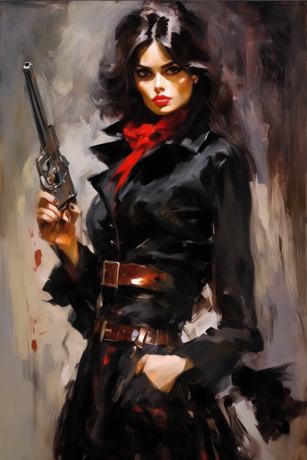 <lora:Andrew Atroshenko Style:1>Andrew Atroshenko Style - brunette gunslinger black coat Andrew Atroshenko