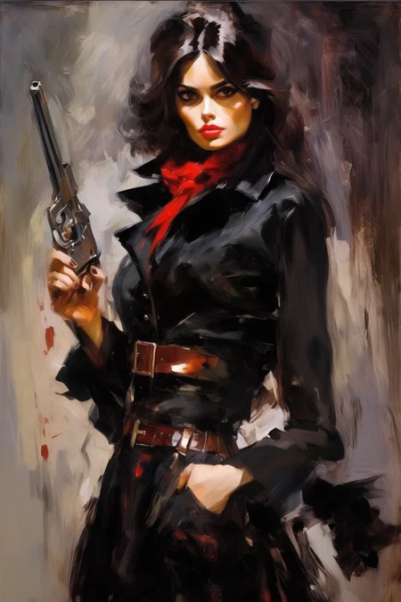 <lora:Andrew Atroshenko Style:1>Andrew Atroshenko Style - brunette gunslinger black coat Andrew Atroshenko