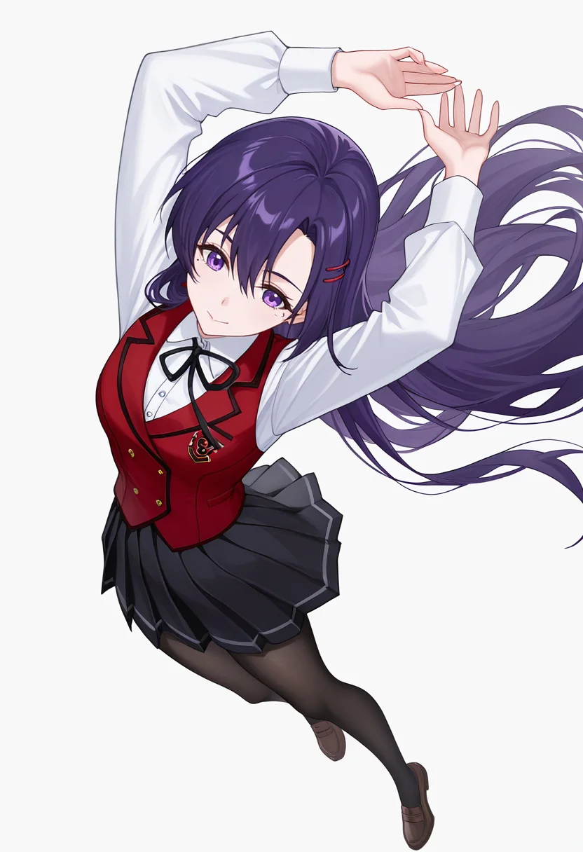 Smooth Quality,masterpiece,very intricate, high quality details, ultra realistic, high detailed skin,detailed enviorement,absurdres,
<lora:Rebecca_Bradley_CNR_r1:0.8> rebecca_cnr, purple hair, very long hair, hair between eyes, purple eyes, mole under eye, hairclip, school uniform,white shirt, collared shirt,red vest,black skirt, pleated skirt, long sleeves,black pantyhose, buttons,neck ribbon,, simple background, white background, dutch angle,
jumping, arms raised, legs bent, happy face, energetic posture, ,, :/,