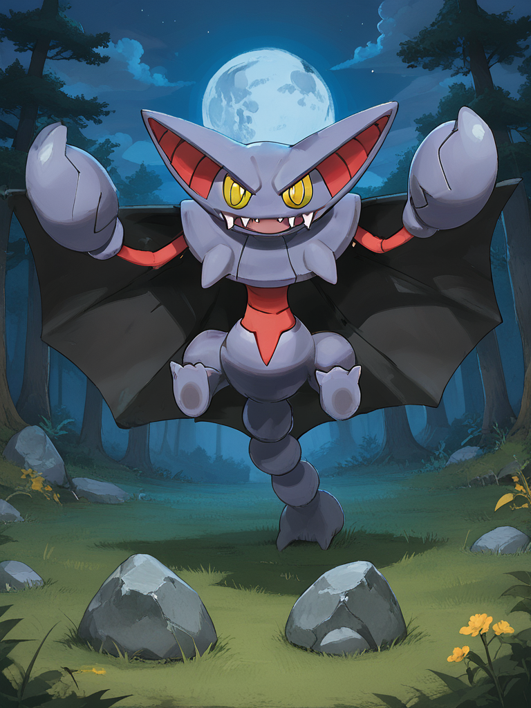 score_9, score_8_up, score_7_up, score_6_up, score_5_up, score_4_up, masterpiece, 32k, highres, absurdres, sharp outlines, raGliscor, black wings, yellow eyes, yellow sclera, red torso, red arms, purple skin, pokemon \(creature\), outdoors, sky, forest, no humans, night, fangs, moon, standing on tail, grass, nature, rock, (full moon:1.3), glowing moon, shadows, front view