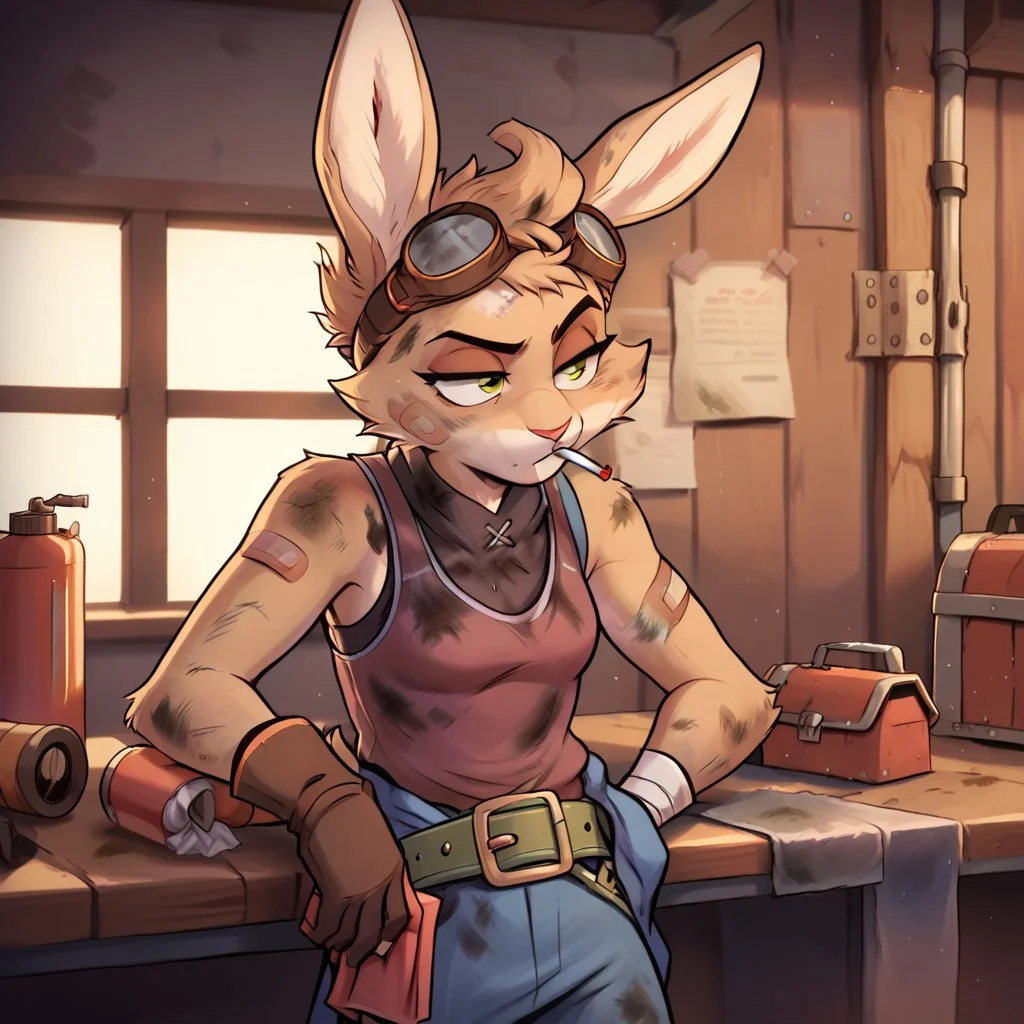 score_9_up, score_8_up, score_7_up, ayala, rabbit, brown fur, green eyes, hair, cheek tuft, goggles on head, eyewear, band-aid, tank top, jacket around waist, gloves, wiping forehead, belt, single glove, toothpick, oil stains, dirty, half-closed eyes, inside workshop, medieval workshop, steampunk workshop, focused, neutral expression, cigarette in mouth,