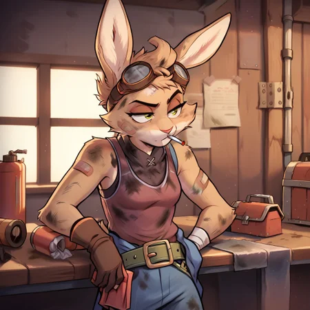 score_9_up, score_8_up, score_7_up, ayala, rabbit, brown fur, green eyes, hair, cheek tuft, goggles on head, eyewear, band-aid, tank top, jacket around waist, gloves, wiping forehead, belt, single glove, toothpick, oil stains, dirty, half-closed eyes, inside workshop, medieval workshop, steampunk workshop, focused, neutral expression, cigarette in mouth,