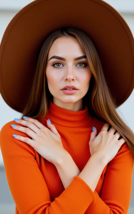 A woman with long brown hair is wearing a large brown hat. She is wearing an orange sweater and has her hands on her shoulders. Her nails are painted a light blue color. She has a serious look on her face and is looking directly at the camera.