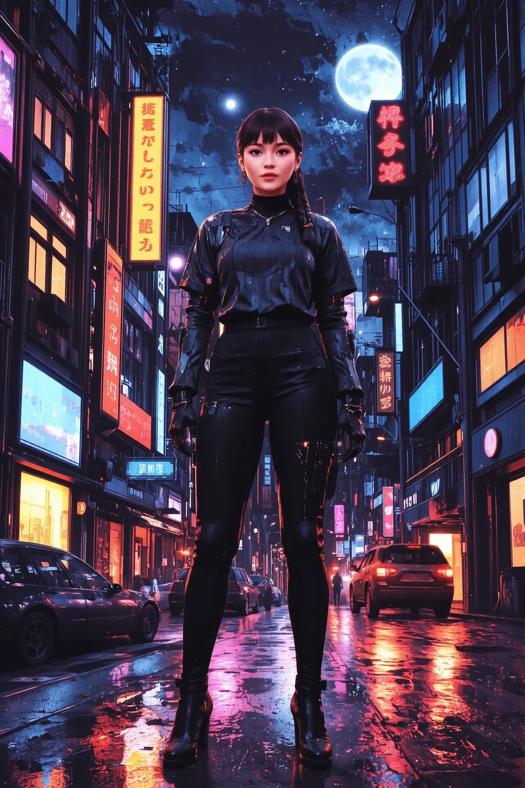 dutch braid medium brown hair young cyberpunk woman, anime, illustration, cyberpunk, futuristic, extremely detailed, portrait, standing, happy smile, beautiful cyberpunk tokyo buildings landscape, wet floor, windows, car, motorbike, moon in the sky, bright neon lights, screen holograms, kanjis, raytracing, hdr, high contrast, cinematic lights, backlight, reflections, legs, heels, sharp focus, luminous Siena Brown robot glossy brilliant armor, body lights, body circuits, glossy lipstick, necklace, wire earrings, colorful, retrowave, shadows, vibrant colors, colorful, bright, pretty, beautiful, feminine, sexy, lovely, in love, adorable, fashion, <lora:Hand v2:1> <lora:Anti-Blur:2> <lora:Insane Detail Slider:0.5> <lora:flux.1_lora_flyway_Epic-detail_v2:0.3><lora:fluxenhancer:0.5> <lora:RetroAnimeFluxV1:0.3> <lora:CPA:0.6> <lora:Luminous_Shadowscape:0.3> <lora:Neon_Noir_FLUX:0.4> mad-neon-noir <lora:bv-cybstyenh-v1_rank16_bf16:0.3>