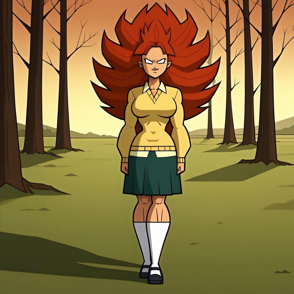 score_9, score_8, BREAK, solo, 1girl, yellow sweater, collared shirt, green skirt, white socks, black footwear, red hair, long hair, spiked hair, blank eyes, no pupils, muscular muscular female, abs, alternate muscle size, tall, big breasts, total drama, Evil_Scarlett_(Total_Drama), tdpi, legendary super saiyan, sexy pose, smile, outdoors, sunlight, shadows, evening lighting, natural lighting, forest, trees, grass, orange sky, sunset