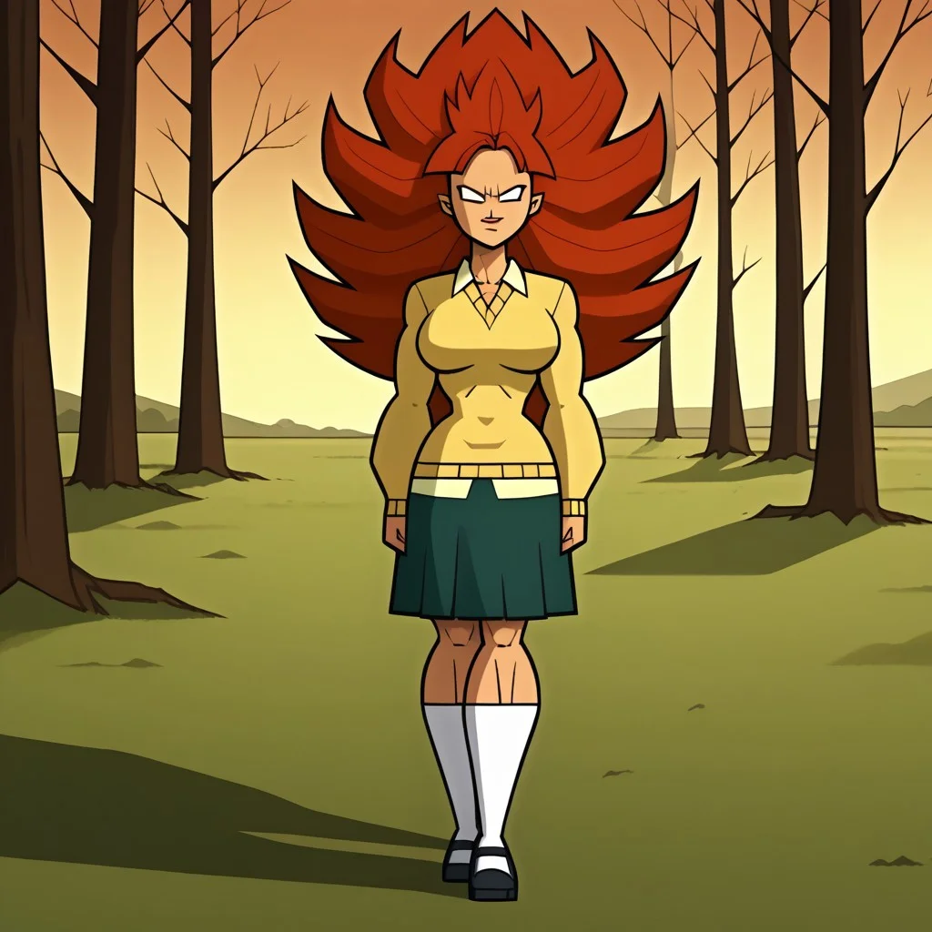 score_9, score_8, BREAK, solo, 1girl, yellow sweater, collared shirt, green skirt, white socks, black footwear, red hair, long hair, spiked hair, blank eyes, no pupils, muscular muscular female, abs, alternate muscle size, tall, big breasts, total drama, Evil_Scarlett_(Total_Drama), tdpi, legendary super saiyan, sexy pose, smile, outdoors, sunlight, shadows, evening lighting, natural lighting, forest, trees, grass, orange sky, sunset