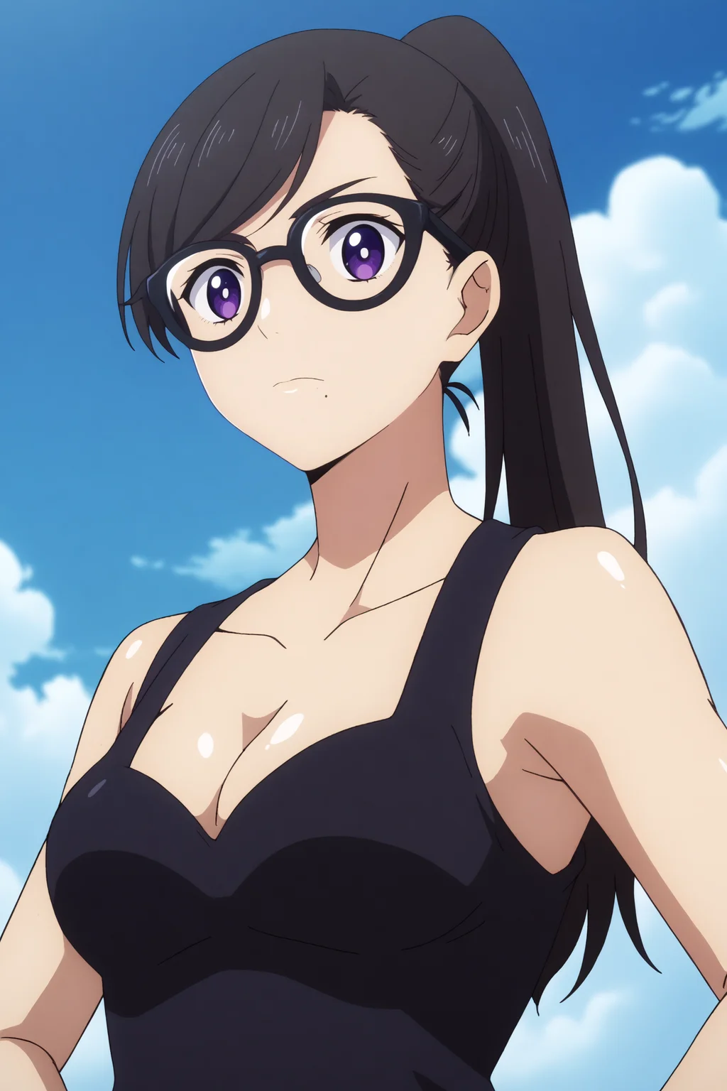 hizuru minakata,1girl,solo,glasses,breasts,cleavage, gloves, ponytail, mole under mouth,long_hair, looking at viewer,black-framed eyewear,bangs,standing,hand_on_hip BREAK outdoors,blue sky,cloudy_sky,sunshine <lora:Hizuru_Minakata_-_Summer_Time_Rendering.safetensors:0.8> <lora:detailed_backgrounds_v2.safetensors:0.5>