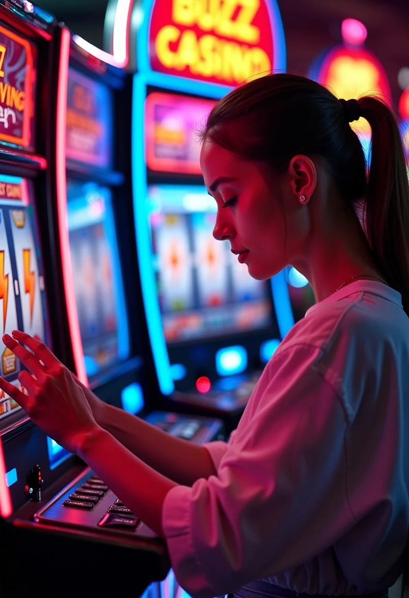 Create a vibrant, cinematic shot of a young woman intensely focused as she plays at a casino slot machine. The slot machine prominently displays the name "BUZZ Casino" in neon lights at the top. On the machine's screen, show a winning combination of three identical orange lightning symbols, styled like electric bolts, lined up in the center row. The scene is filled with bright, saturated colors and illuminated by the vivid lights of the casino, casting dramatic reflections on the woman’s face and hands as she reaches to press a button. The atmosphere is tense but exhilarating, capturing the rush of victory. The camera angle is slightly from the side, focusing on both the woman’s determined expression and the flashing symbols on the slot machine. The overall mood should convey energy, excitement, and a cinematic feel, with bright, dynamic lighting that adds to the emotional intensity of the moment.