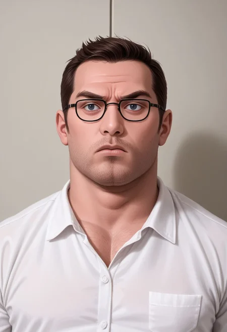 FastNegativeV2, score_7_up, score_8_up, score_9_up,dark and creepy lighting, dark atmosphere, dark, creepy vibe, dramatic lighting, (Portrait), capcom_snk, 1guy, male focus, solo, peter, fat, fat man, starring at viewer, menacing expression, gazing into viewers soul, traditional media, realistic,glasses, portrait, white shirt, looking of to the distance, cucoloris patterned illumination familyguystyle, casting shadow style, with an angry expression on his face, serious look, npcp