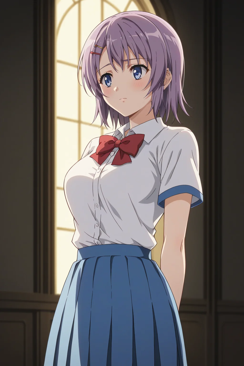 score_9, score_8_up, score_7_up, source_anime, 1girl, prefect lighting, very aesthetic, intricate details, highly detailed background, masterpiece, high quality, prefect hands, best quality, solo,
<lora:Anna_Ichinose_RanSem_V1:.85>, KJOanna, purple hair, light blue eyes, medium hair, hair pin,
school uniform, red bow, blue pleated skirt,
arms behind back, embarrassed, looking to the side, blush,
empty warehouse, night,
(Beautiful, medium Breasts:1.2), natural breasts,
