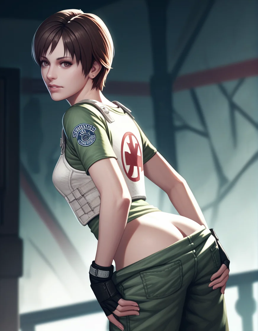 score_9, score_8_up, score_7_up, score_6_up, score_5_up, score_4_up, source_anime, realistic, photoshop \(medium\), <lora:Becky_t1_Pony-000014-128:1.0> 1girl, Rebecca Chambers, brown eyes, fingerless gloves, pant pull, from behind
, indoors, decrepit mansion, main hall, darkness, at night, dark