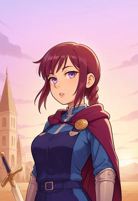 A highly realistic image of a fierce and beautiful warrior woman standing triumphantly on a battlefield at sunset. The woman is clad in intricately designed armor that shimmers in the fading sunlight, with a flowing cape billowing behind her. Her long, wavy hair is tied back in a practical yet elegant braid, and her eyes burn with determination and courage. She wields a magnificent sword in one hand and a shield adorned with ancient runes in the other. The battlefield behind her is strewn with the remnants of a recent battle, with broken weapons and fallen banners scattered across the ground. In the distance, a majestic castle stands tall against the backdrop of a vibrant sunset, its towers and walls bathed in a warm, golden light. The overall quality of the image is high, with detailed textures, vivid colors, and realistic lighting that captures the epic and dramatic atmosphere of the scene.elements. <lora:add-detail-xl:1> <lora:Expressive_H:0.6>Expressiveh, (SimplepositiveXLv1:1.3), (((upper body, full clothed:1.85)))
((masterpiece))
 (ultra realistic, 32k, masterpiece:1.2), (high detailed skin:1.1), (high quality:1.1)
(((full clothed)))
<lora:DandonFuga_Style_v.2_-_Pony:0.8>
 (8k uhd:1,4)
 <lora:add-detail-xl:1>
 <lora:Dynamic Poses:1>