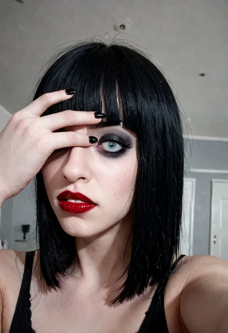 BREAK, RAW, horsefaced, teeth, medium_shot, 1girl, portrait of a beautiful goth, Horsefaced, black hair, black bangs, Blunt bangs paired with shoulder-length hair, pale skin, red lips, cute, eyeliner, makeup, seductive stare, tired eyes, upturned eyes, eyelashes, bangs covering forehead, long face, rectangle head, long nose, Goth Girl, looking at the viewer, shelly duval, subtle smile, visible teeth, oval jawline, hair covering forehead, bust up photo, selfie, black fingernails, gothic top, slf