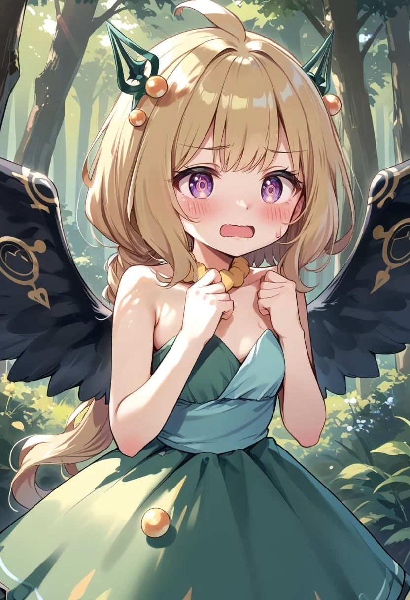 (score_9:0.9),score_8_up,score_7_up,rating_safe,anime style,(zPDXL),(zPDXL3),
<lora:Hugin the Runick Wings ponyXL v1:0.73>,blush,hugin the runick wings,1girl,solo,open mouth,sweat,wavy mouth,minigirl,yellow necklace,green hair ornament,forest,green strapless dress,
