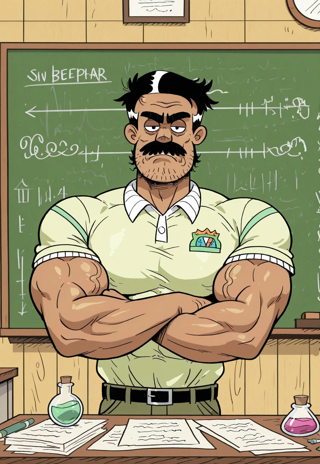 masterpiece, best quality, amazing quality, very aesthetic, absurdres, newest, high quality, detailed, Bolhofner, 1boy, male, solo male, human, mature male, black eyes, short black hair, mustache, stubble, tan skin, thick eyebrows, scruffy, facial hair, green shirt, big beefy pecs, hyper muscular, Hyper massive shoulders, hyper pecs, hyper arm muscles, hyper trapezius, hyper neck muscles, six-pack abdominal muscles, ripped abs, indoors, classroom, looking at viewer, grumpy expression, half lidded eyes, broad shoulders, arms crossed, standing, half body, volumetric lighting, chalkboard, desk, papers on desk, empty open potion flask tipped over on the desk