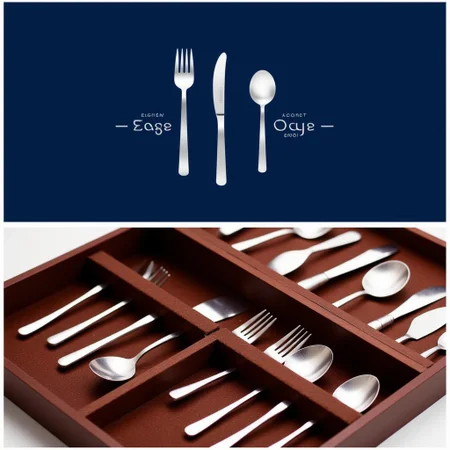 The pair of images highlights the refined branding for a silverware set; [IMAGE1] the logo features a minimalist knife, fork, and spoon design in polished silver tones, with the brand name âElegant Edgeâ in an italicized serif font on a dark navy background; [IMAGE2] the logo is applied to a rich, wooden case containing an organized, luxurious set of silverware, the polished utensils gleaming under soft lighting, creating an aura of sophistication and craftsmanship, flat chest