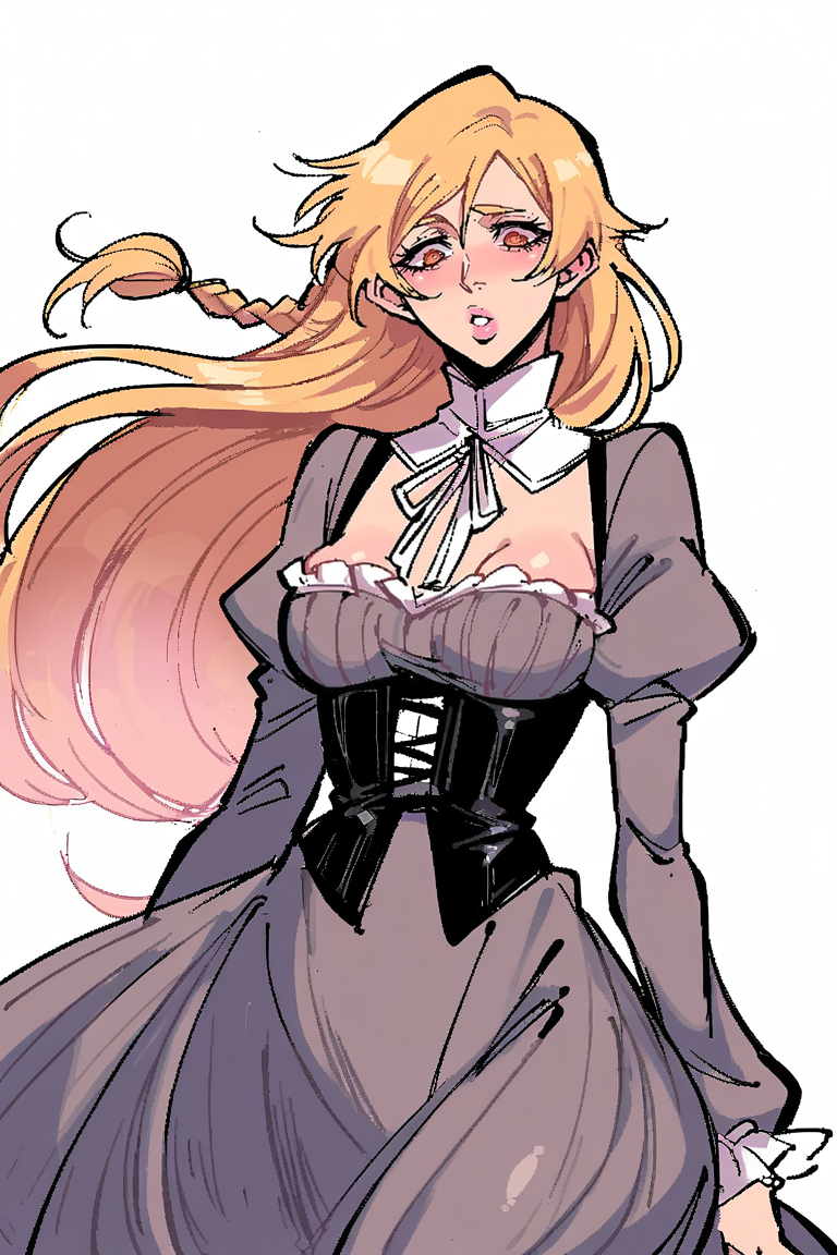 <lora:Welwraith:1>, score_9, score_8_up, score_7_up, score_6_up, score_5_up, rating_questionable, source cartoon
1girl, pretty face, pretty eyes, detailed eyes, HD eyes, eyebrows, lips, parted lips, pink lips, supple lips
standing, cowboy shot wide hips, athletic, thick thighs, medium breasts, perfect breasts, round breasts, round hips
pale skin, platinum blonde hair, bleach blonde hair, blonde hair, long hair, very long hair, braid, shiny hair, orange eyes
victorian dress, frilled dress, puffy sleeves, grey dress, black corset
simple background, white background