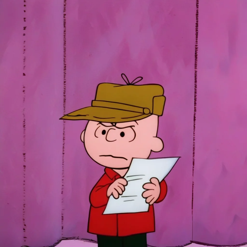 PeanutsStyle, traditional media, retro artstyle, 2D, round heads, 1boy, male focus, hat, brown headwear, holding paper, closed mouth, frown