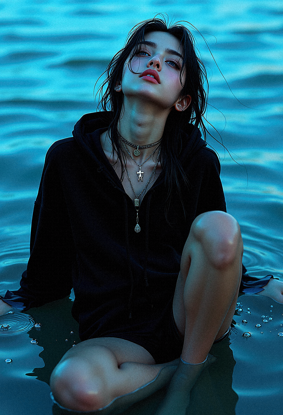 a photorealistic depiction of a woman sitting in shallow water, her wet, dark hair clinging to her face and neck. She wears an oversized black hoodie that slightly clings to her form, creating folds and textures as it interacts with the water. Her expression is vacant, almost melancholic, as she tilts her head back slightly, gazing with reflective, soulful eyes that capture the ambient blue glow. Around her neck are several necklaces and chokers with intricate pendants, adding a touch of alternative style to her otherwise minimalist appearance. The water around her ripples softly, reflecting light in shades of blue and creating gentle patterns on her skin. Bubbles and small waves create a dynamic yet serene setting. The background is softly blurred in cool blue tones, enhancing the surreal and tranquil atmosphere. Focus on achieving a high level of detail, capturing the wet sheen on her hair, the subtle textures of the hoodie, and the delicate reflections on the water’s surface.




























