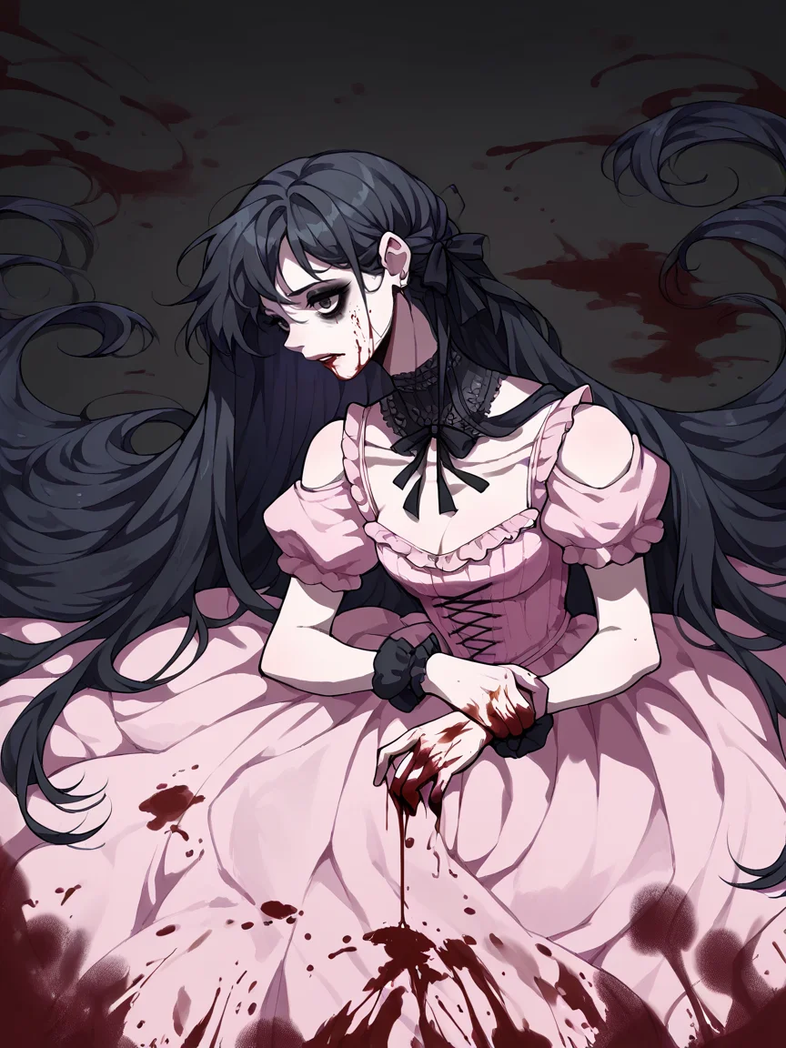 score_9, score_8_up, score_7_up, score_6_up, score_5_up, <lora:lalangheejXLP:1> lalangheej, 1girl, pink dress, long hair, blood, gothic, black hair,
