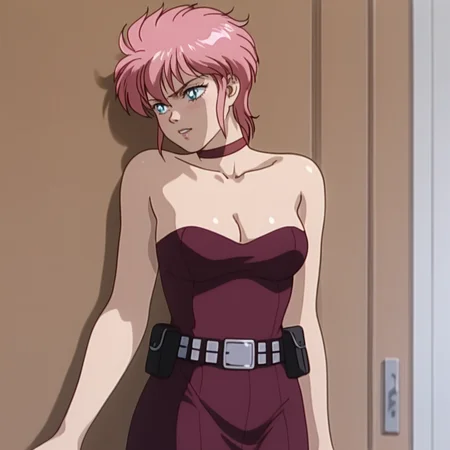 <lora:rainaguydoubleagent_pony_v1:.8> RainaSpy, 1girl, short hair, pink hair, choker, blue eyes, dress, bare shoulders, breasts, belt, cleavage, strapless, cowboy shot