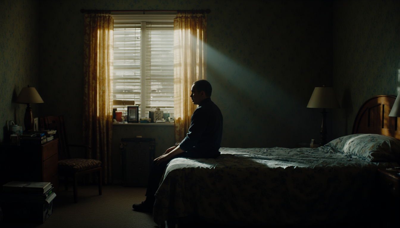 cinematic, A man sits on the edge of a bed in a dimly lit, cluttered room, deep in thought. Sunlight filters through the blinds, casting a warm, hazy glow over the disheveled space, creating a sense of solitude and contemplation, film grain, Short telephoto focal length, shot on ALEXA 65