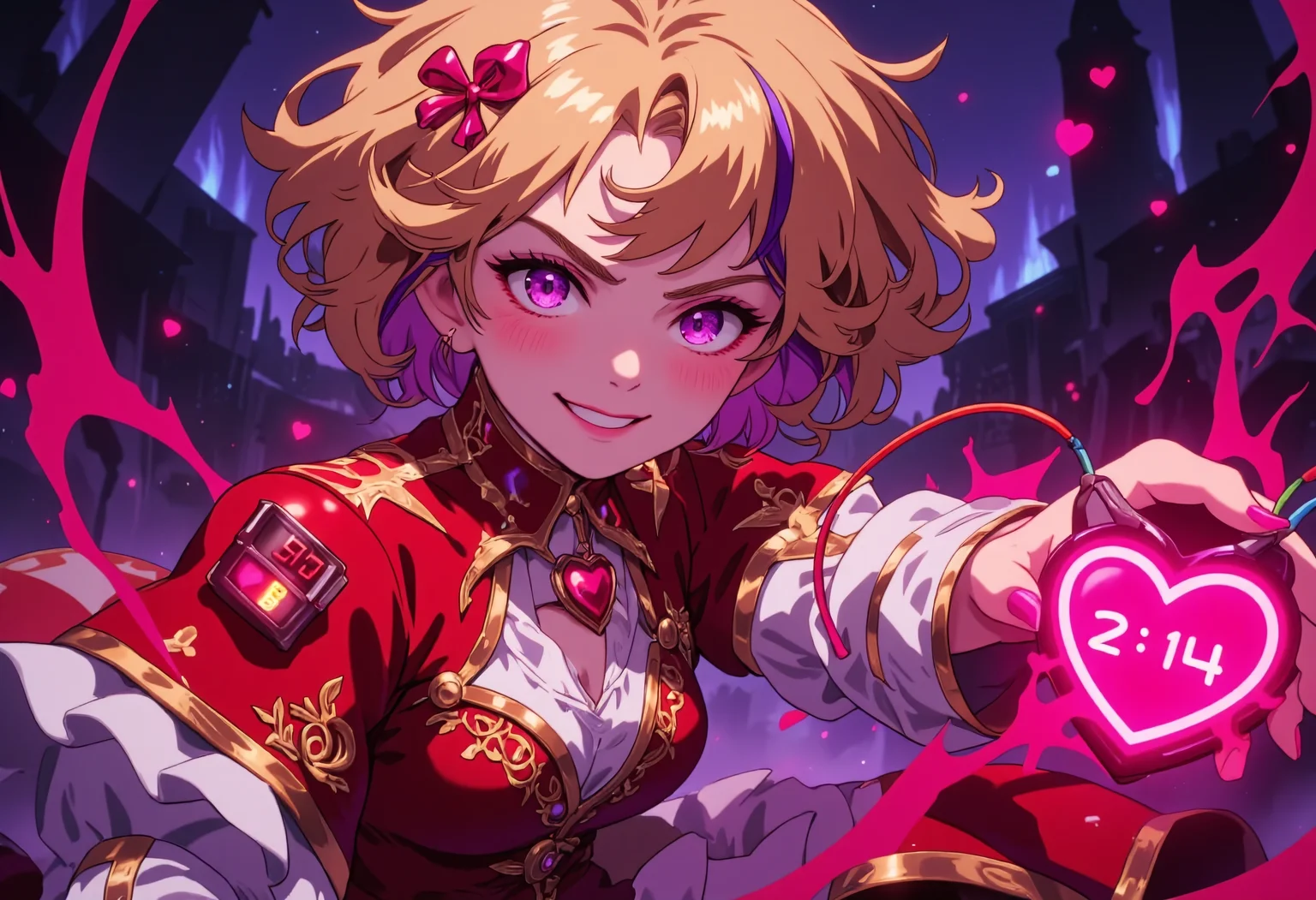 A close-up portrait of a beautiful yet dangerous magical 21yr old woman dressed in a Valentine's Day-inspired battle outfit. Highly detailed, she has short curly blonde hair with (one streak of bright purple), her eyes a lilac tone, (heart-shaped pupils). Her long frilly red and gold dress is adorned with heart-shaped lace and shimmering ribbons, layers of white underskirts underneath, rose pattern embroidered into the dress, under the dress, she wears a long-sleeved embroidered white tunic. She holds a giant, glowing electronic symbolic heart out to you, a digital timer on the front reads "2:14" on it, connected to the heart with multi-colored wires. Her eyes sparkle, and she has a mischievous grin, a blush across her face, one cute fang. The background is a dark bokeh smokey battlefield. Highly detailed anime-style rendering, dynamic action pose. <lora:Hand v2:1> Detailed hand, Hand, Perfect hand