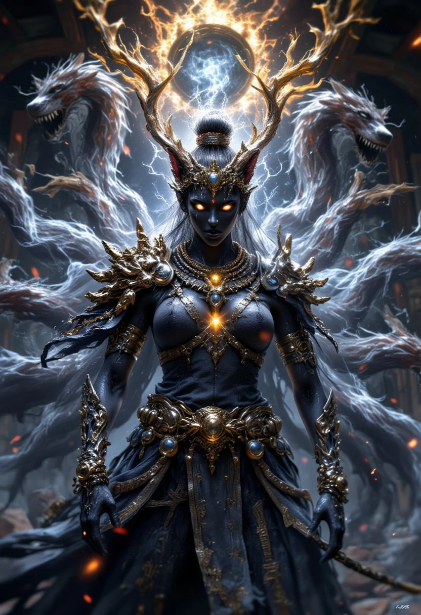 A majestic depiction of Inpyt, the wife of Anubis, shown as a divine, otherworldly figure. She has the body of a regal, armored woman and the head of a black jackal, with glowing golden eyes radiating power and mystique. Her ornate armor is adorned with intricate gold and azure details, shimmering with ancient Egyptian patterns and celestial motifs. Surrounding her are spectral, wolf-like spirits swirling in a protective and dynamic aura, emphasizing her connection to the divine realm of death and judgment. Behind her, a glowing celestial clock or wheel of time radiates divine energy, symbolizing her authority over fate and the afterlife. The atmosphere is ethereal, filled with swirling energies, glowing stars, and a sense of awe-inspiring divinity.