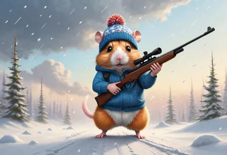 a complex illustration of a mighty  cloudy Jungar hamster (He is engaged in biathlon), with a rifle behind his back, in a knitted hat, dressed in a tracksuit, winter, snow, snowflakes falling towards the viewer, trees and snow, in a huge cloud of dust, plump, hyperrealistic scene, heavy rain, detailed focus, art by Aaron Jasinski, epic fantasy scene, bright colors, Enchanted masterpiece, Fantasycore, Award-Winning, Masterpiece, contrasting, faded, <laura:Devastation:0.5>