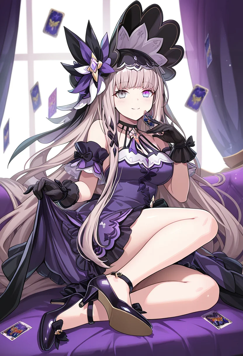 1girl, sole, masterpiece, best quality, high quality, vice(grand chase), heterochromia, purple eyes, grey eyes, light brown hair, very long hair, purple dress, black hat, black gloves, high heels, looking at viewer, playing card, curtains, indoor, smile,
