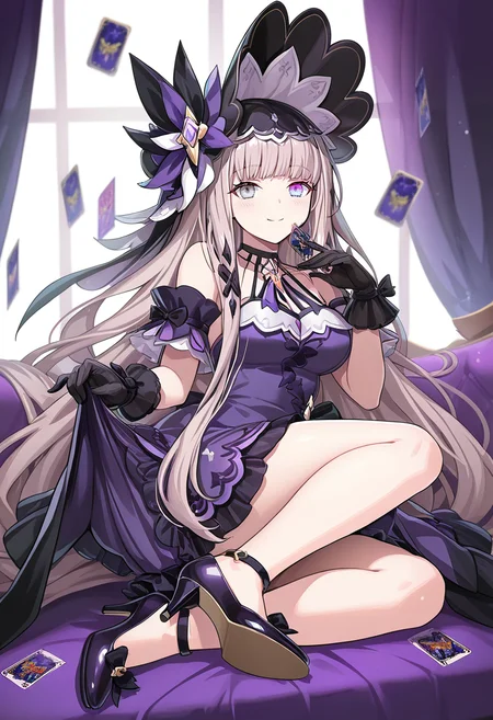 1girl, sole, masterpiece, best quality, high quality, vice(grand chase), heterochromia, purple eyes, grey eyes, light brown hair, very long hair, purple dress, black hat, black gloves, high heels, looking at viewer, playing card, curtains, indoor, smile, 