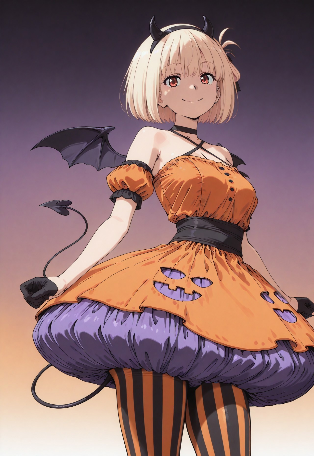 high contrast, masterpiece, best quality, amazing quality, very aesthetic, high resolution, ultra-detailed, 1girl, solo, bob cut, one side up, short hair, blonde hair, red eyes, ChisatoHalloween, halloween costume, black hairband, fake horns, mini wings, demon tail, black choker, bare shoulders, criss-cross halter, orange dress, detached sleeves, puffy short sleeves, black sash, half gloves, fingerless gloves, black gloves, bubble skirt, multicolored skirt, orange skirt, purple skirt, vertical-striped pantyhose, orange pantyhose, black pantyhose, looking at viewer, smile, portrait