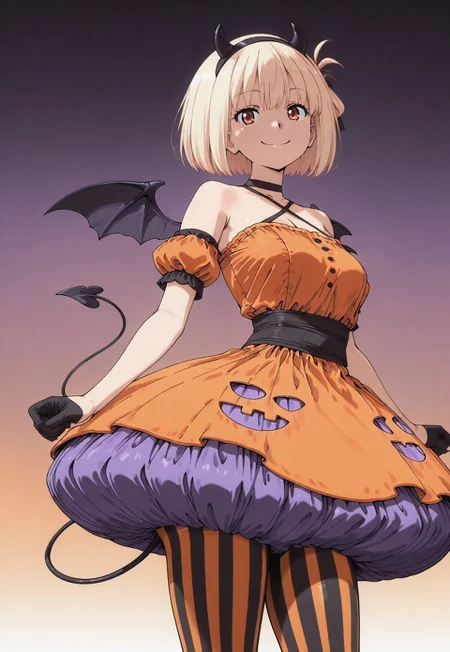 high contrast, masterpiece, best quality, amazing quality, very aesthetic, high resolution, ultra-detailed, 1girl, solo, bob cut, one side up, short hair, blonde hair, red eyes, ChisatoHalloween, halloween costume, black hairband, fake horns, mini wings, demon tail, black choker, bare shoulders, criss-cross halter, orange dress, detached sleeves, puffy short sleeves, black sash, half gloves, fingerless gloves, black gloves, bubble skirt, multicolored skirt, orange skirt, purple skirt, vertical-striped pantyhose, orange pantyhose, black pantyhose, looking at viewer, smile, portrait