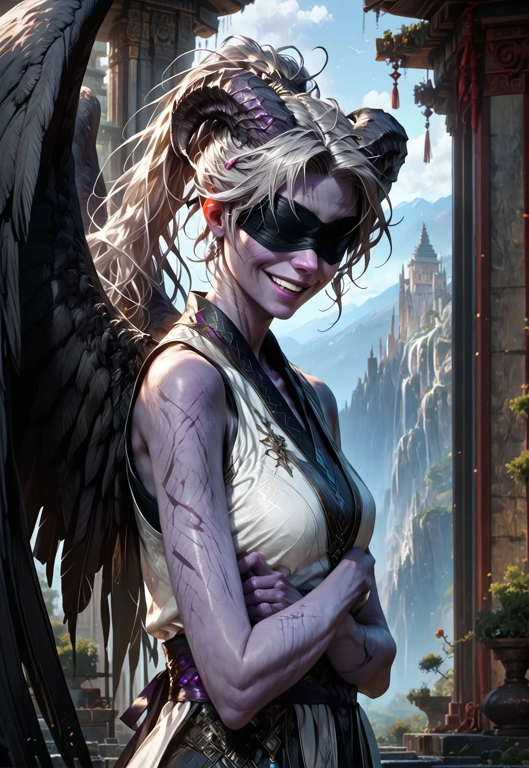 (absurdres, best quality, masterpiece:1.4), 
score_9, score_8_up, score_7_up, score_6_up, 
detailed, 
detailed body, 
detailed face, 
(((smooth skin, unbroken skin, detailed skin))), 
fantasy, 
alone, 

female, 
tiefling, 
h0rns, 
ram horns, 
black horns, 
tall, 
((((purple skin)))), 
((long grey hair, ponytail)), 
(((wingsd, black wings))),

crossed arms, arms across stomach, 
soft smile,

(white robe, sleeveless, 
blindfold, black cloth blindfold), 

depth of field, 
outdoors, 
mountain temple, 
upper body