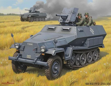 , <lora:sd-kfz-251-10:1>sd-kfz-251-10:ã
A German WWII combat vehicle equipped with a 37mm anti-tank gun on an open-top half-track.Three-quarter view.ferman soldier.German identification mark of a cross.soldiers are wearing helmets and field green uniforms.While parked in the grassland, a smoking tank can be seen in the distance.
