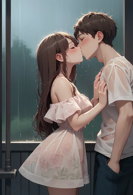 score_9, score_8_up, score_7_up, score_6_up, source_anime, 1girl, long hair, brown hair,
off shoulder, floral dress, see-through, short dress,
from side,
1boy, kiss,rain, wet,see-through dress, wet clothes,blush,
<lora:floral_offshoulder_dress_v1.1-pony:1>