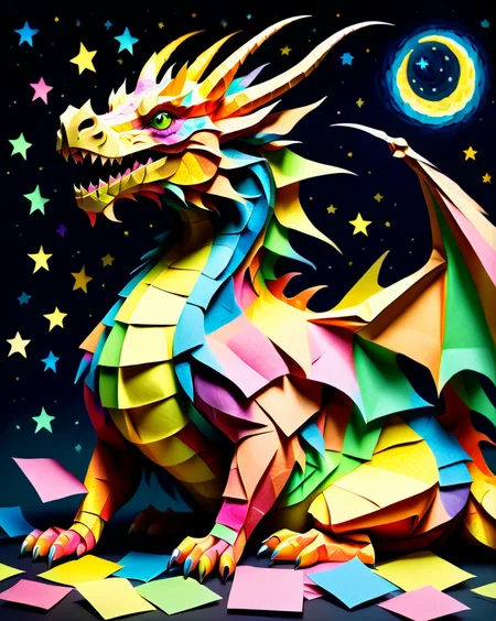 a massive colorful dragon with fine scales made out of Jed-StickyN, laying down curled up asleep, eyes closed, head on front feet, dynamic angle, dark fantasy, epic, intricate details, ultra wide shot, zoomed out, side view,
<lora:StickyNotesStyle:1>, <lora:add-detail-xl:0.7>, <lora:sd_xl_dpo_lora_v1:1>, <lora:xl_more_art-full_v1:0.3>, set against a background of a starry sky,