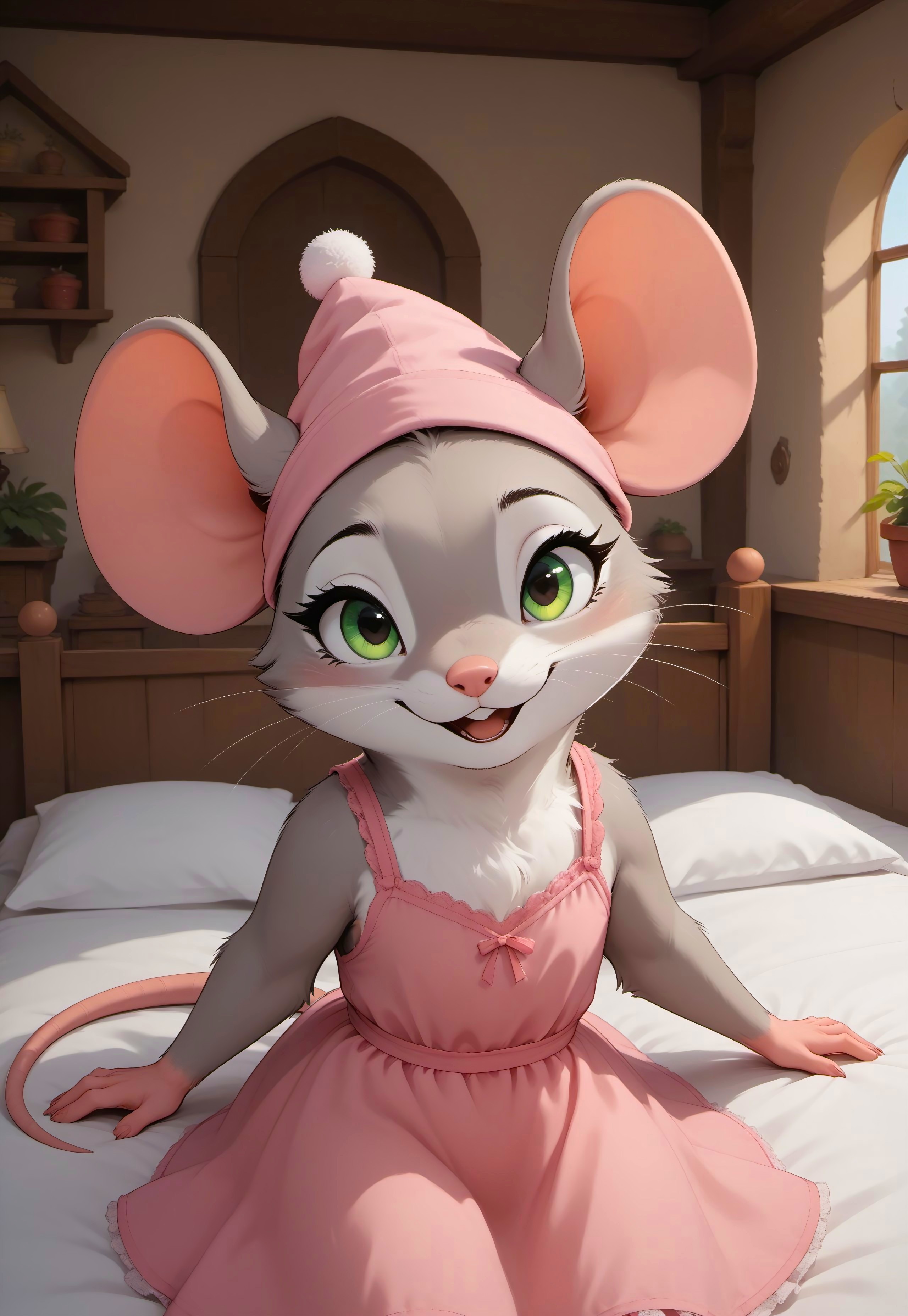 safe_pos, score_9, score_8_up, score_7_up, score_6_up, score_5_up, score_4_up, m0use_goldie, (cute), (feral:1.3), ((grey fur), green eyes), cottage, indoors, bedroom, lying on bed, (pink nightgown, pink nightcap:1.5), (bedroom eyes:1.5), smile, open mouth, (upper body shot, head focus, close up:1.4), candlelight, (tail:1.8),