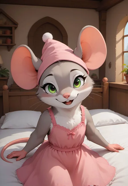 safe_pos, score_9, score_8_up, score_7_up, score_6_up, score_5_up, score_4_up, m0use_goldie, (cute), (feral:1.3), ((grey fur), green eyes), cottage, indoors, bedroom, lying on bed, (pink nightgown, pink nightcap:1.5), (bedroom eyes:1.5), smile, open mouth, (upper body shot, head focus, close up:1.4), candlelight, (tail:1.8),