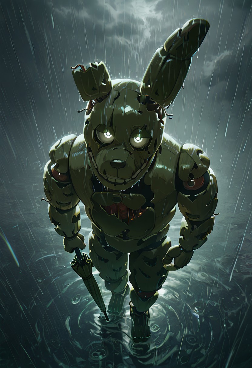 masterpiece, best quality, amazing quality, very aesthetic, absurdres, newest, detailed background, foreground blur, (( cinematic )),
springtrap, no humans, robot, animal ears, teeth, damaged, mechanical parts, joints, circular head, round head, glowing white pupils, dark green eyelids, white sclera, normal eyes, human eyes, 
 grey sky, heavy, rain, grey clouds, heavy rain, holding umbrella, standing, from above, puddles, looking at viewer,