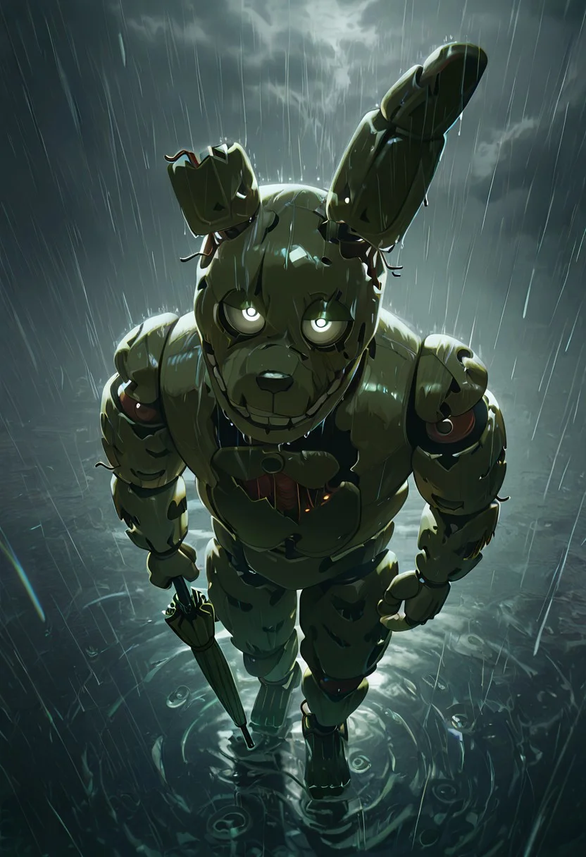 masterpiece, best quality, amazing quality, very aesthetic, absurdres, newest, detailed background, foreground blur, (( cinematic )),
springtrap, no humans, robot, animal ears, teeth, damaged, mechanical parts, joints, circular head, round head, glowing white pupils, dark green eyelids, white sclera, normal eyes, human eyes,
grey sky, heavy, rain, grey clouds, heavy rain, holding umbrella, standing, from above, puddles, looking at viewer,